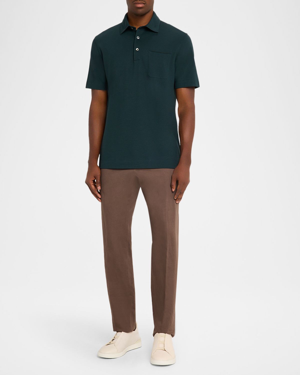 ZEGNA Men 's Pique Polo Shirt with Leather-Trim Pocket