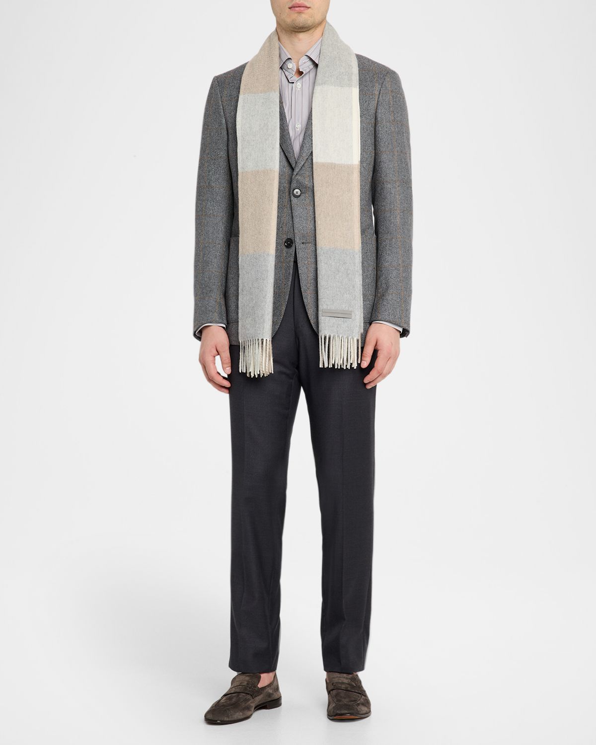 ZEGNA Men 's Oasi Cashmere Madras Check Scarf with Leather Brand Mark