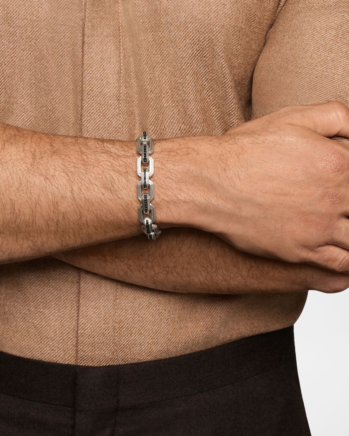 David Yurman Men 's Faceted Flat Link Bracelet in Silver with Black Diamonds