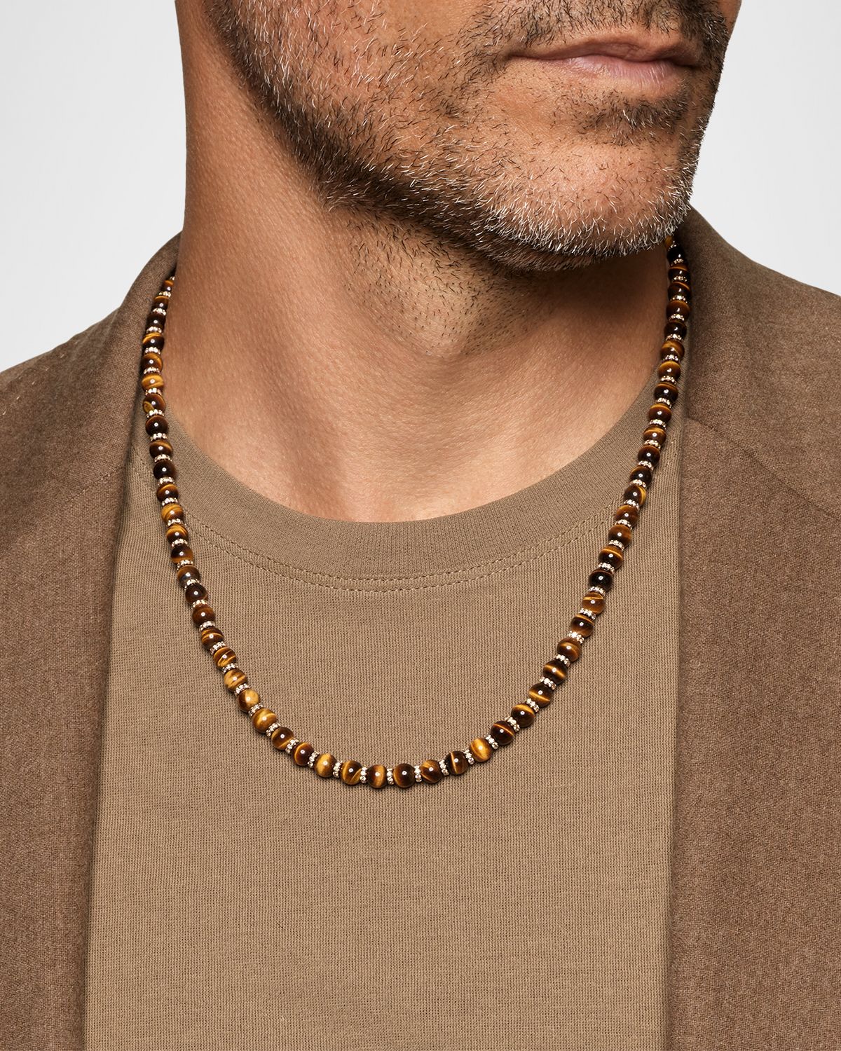 David Yurman Men 's Spiritual Beads Tiger 's Eye Necklace with 18K Rose Gold and Cognac Diamonds, 6mm, 20"L