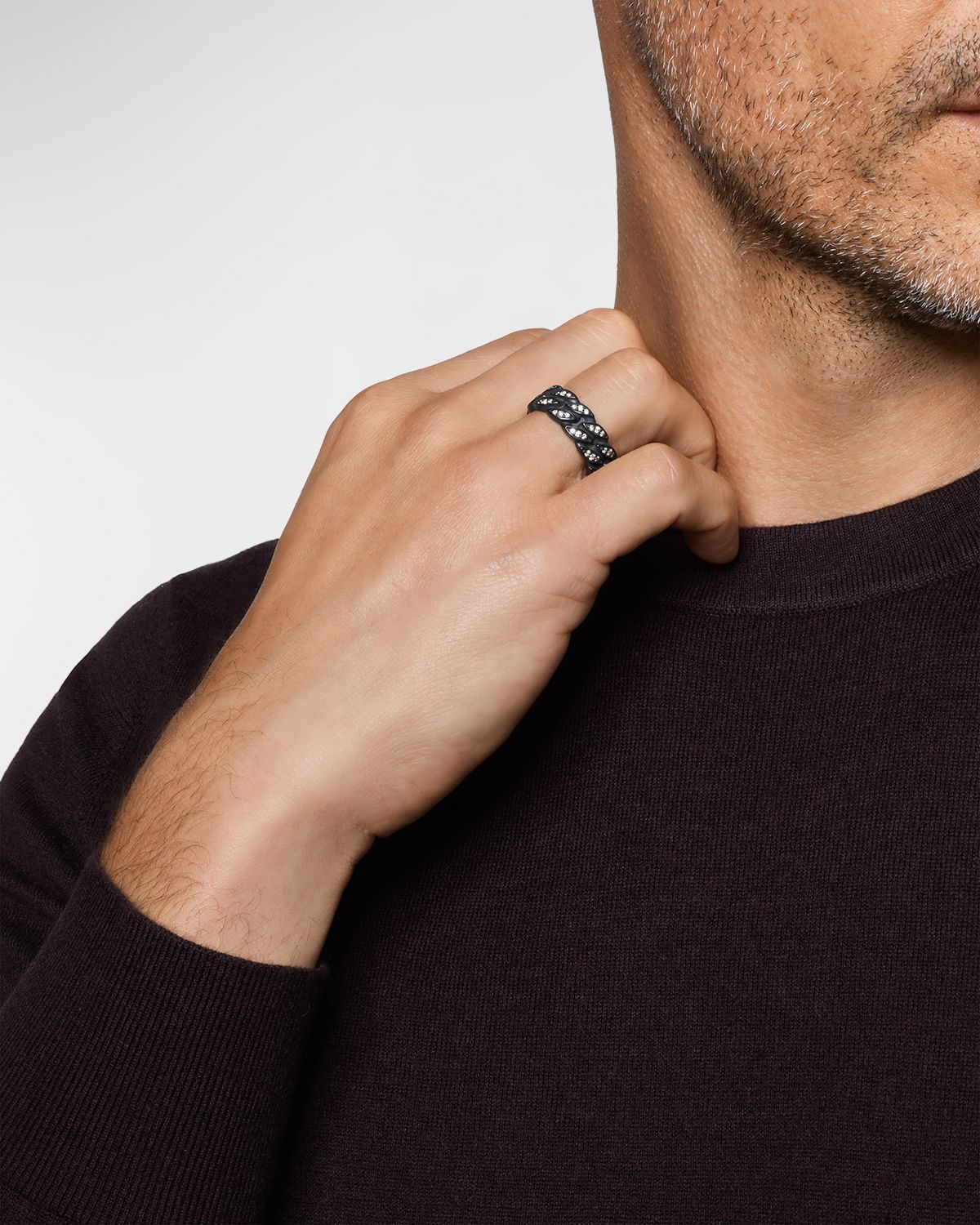 David Yurman Men 's Curb Chain Band Ring in Black Titanium with Diamonds, 8mm