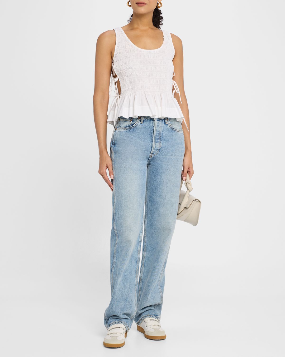 Ganni Smocked Side-Tie Poplin Top