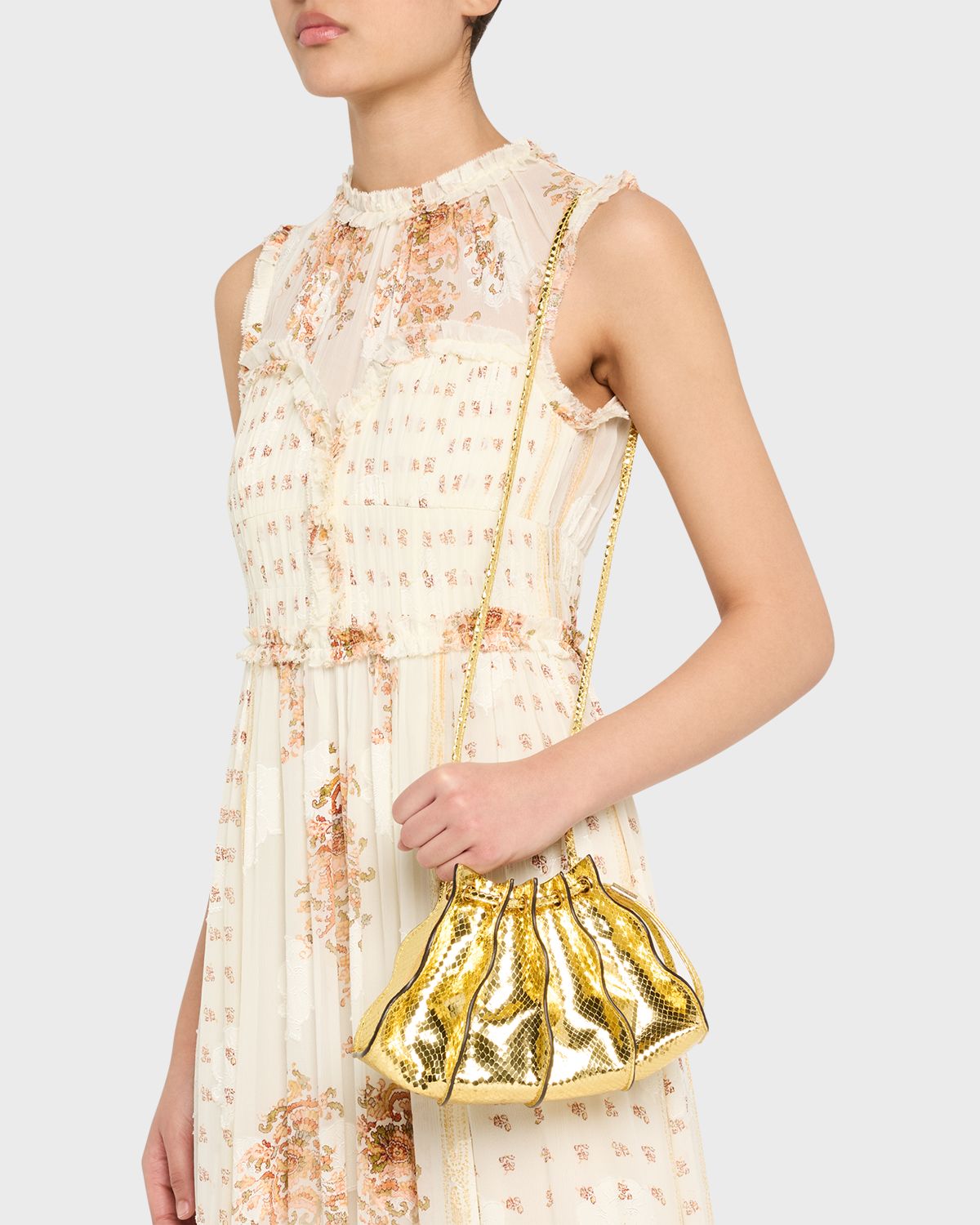 Ulla Johnson Adria Mini Pleated Wave Metallic Snake-Print Crossbody Bag