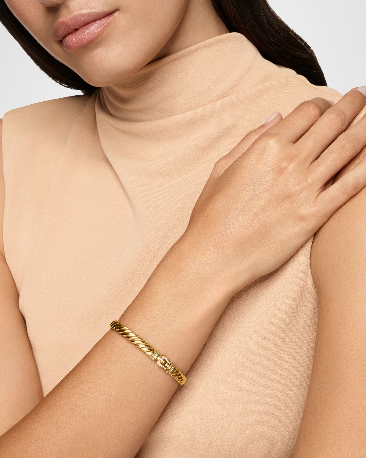 David Yurman Sculpted Cable Buckle Bracelet with Diamonds in 18K Gold