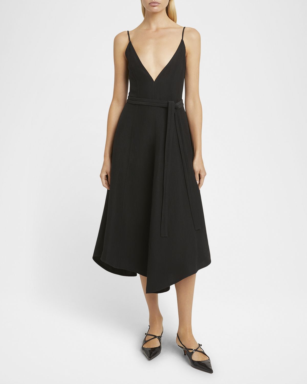 Proenza Schouler Elaine Plunging Belted Linen-Blend Midi Dress