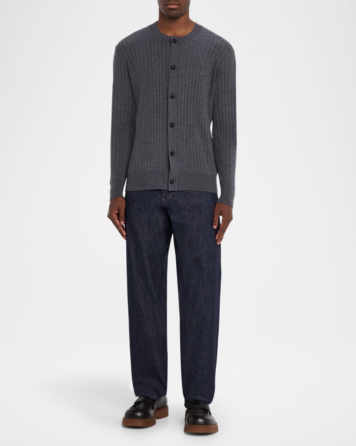 Bottega Veneta Men 's Ribbed Wool Cardigan with Leather Buttons