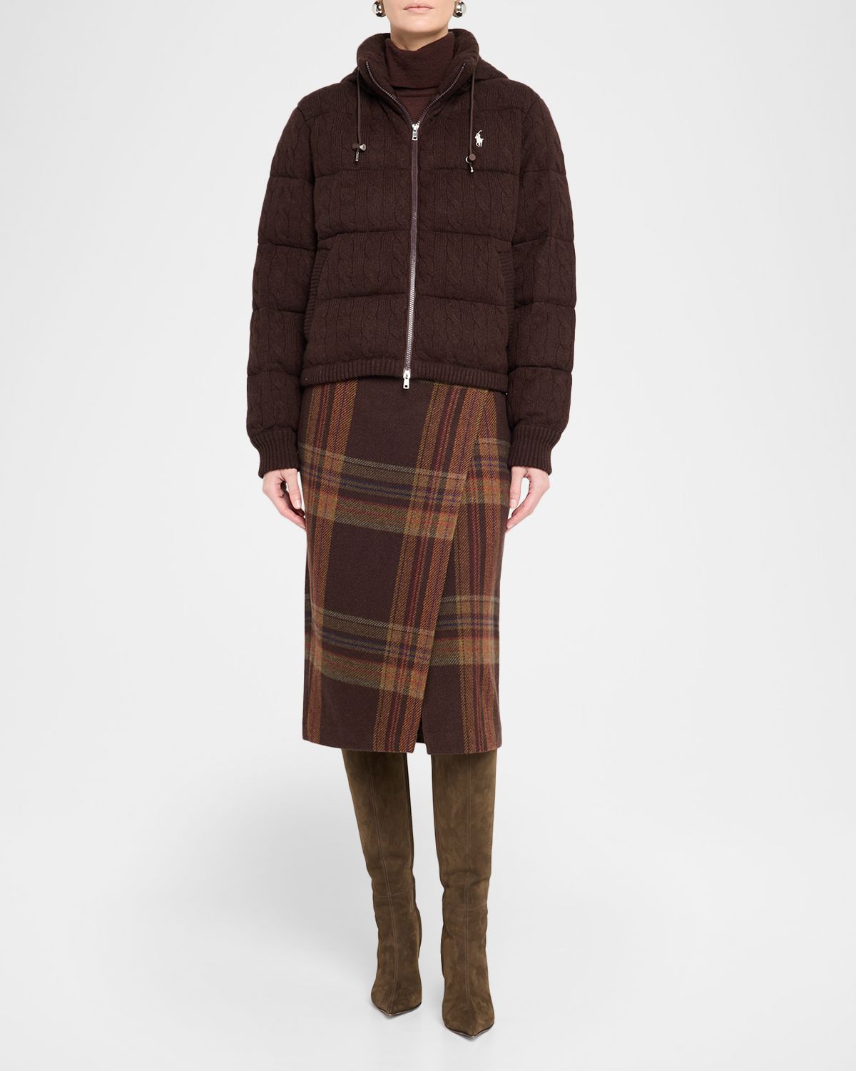 Polo Ralph Lauren Plaid Tweed Faux Wrap Midi Skirt