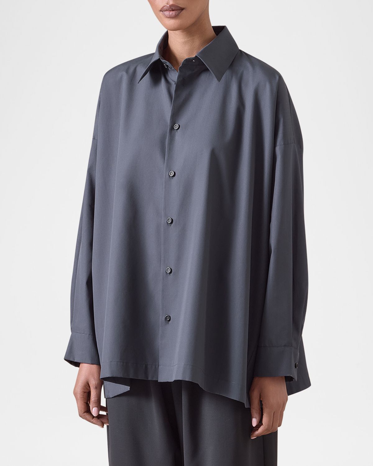 Eskandar Cotton Poplin Angle-To-Front Side Seam Shirt With Collar (Long Length)