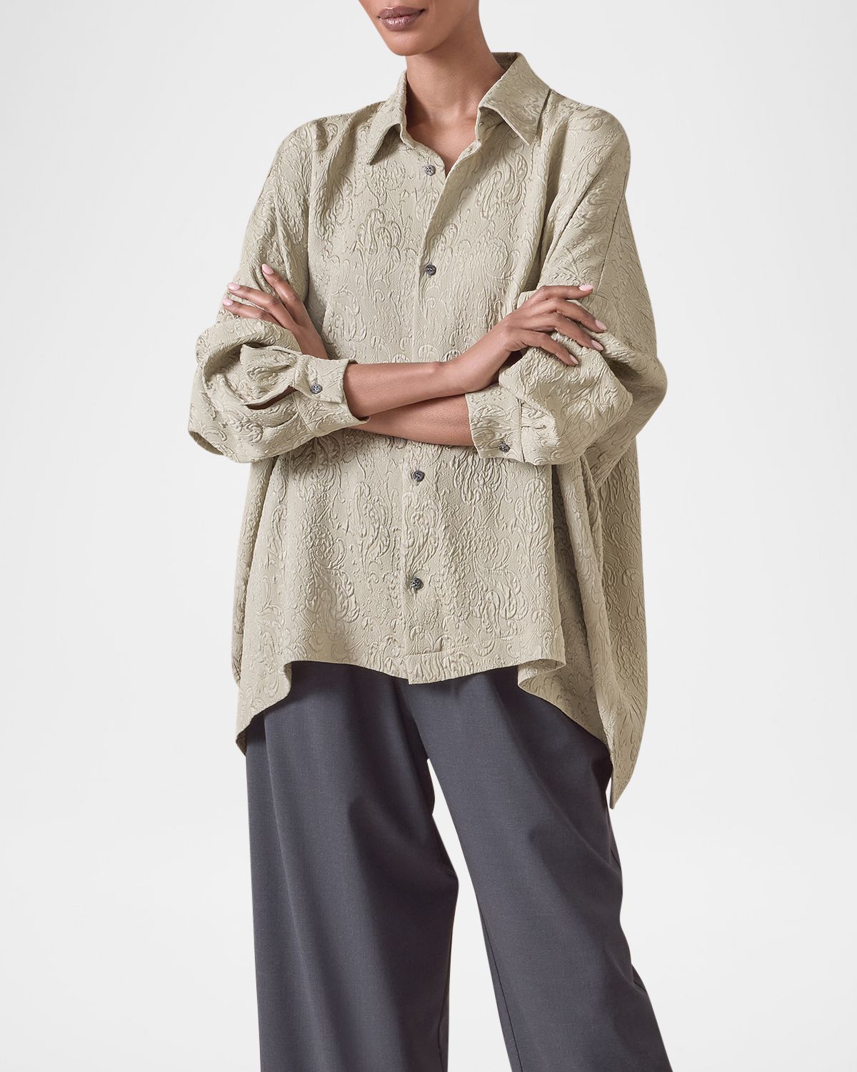 Eskandar Damask Cloque Wide Longer-Back Shirt With Collar (Mid Plus Length)