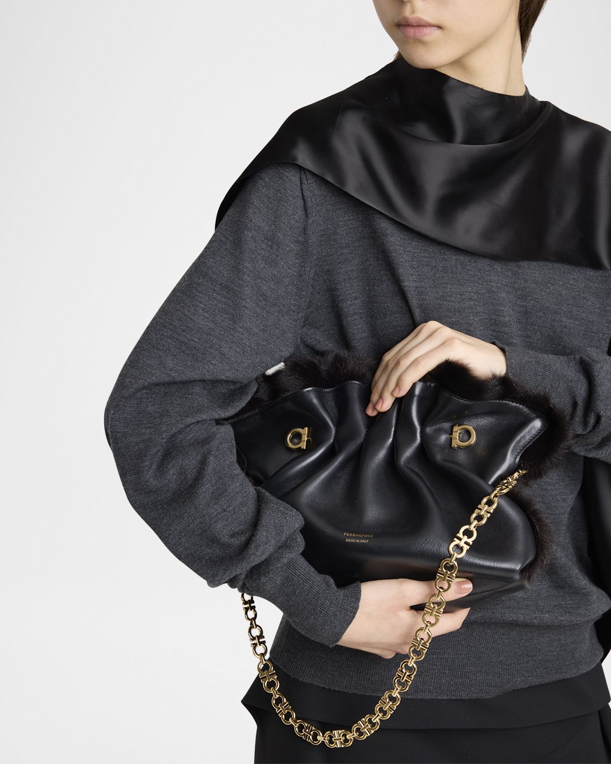 Ferragamo Ruched Shearling-Trim Soft Shoulder Bag