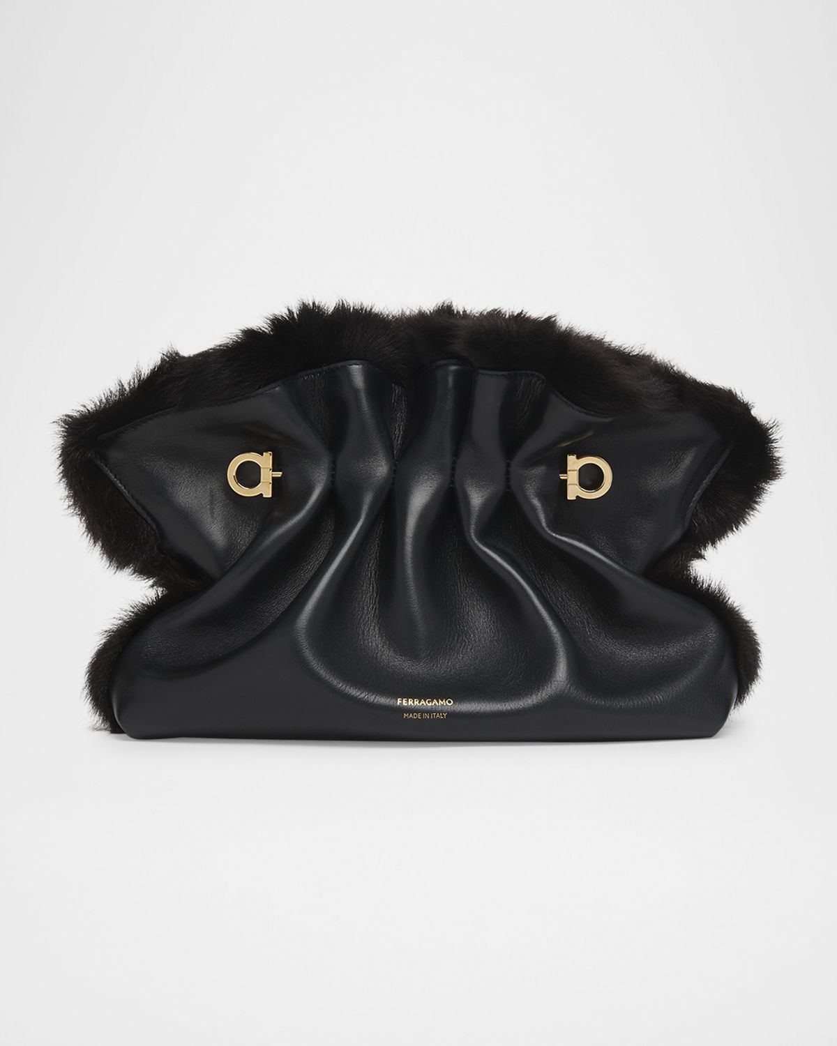 Ferragamo Ruched Shearling-Trim Soft Shoulder Bag
