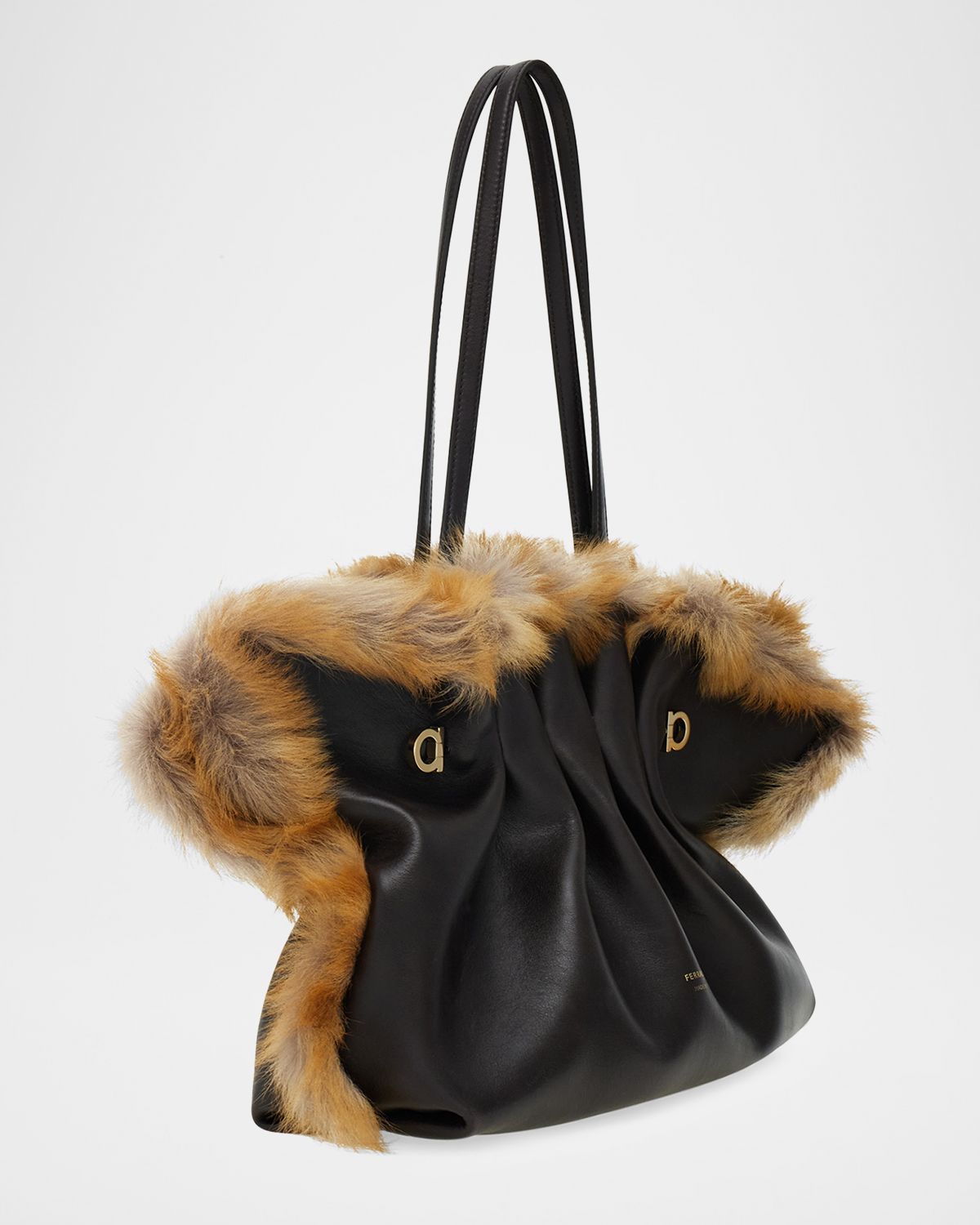 Ferragamo Pinch Soft Shearling-Trim Leather Shoulder Bag