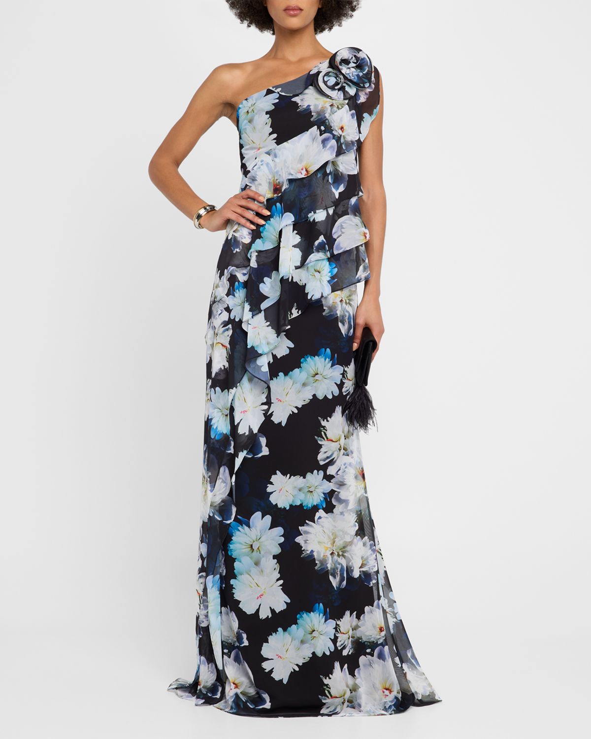Rickie Freeman for Teri Jon One-Shoulder Ruffle Chiffon Gown