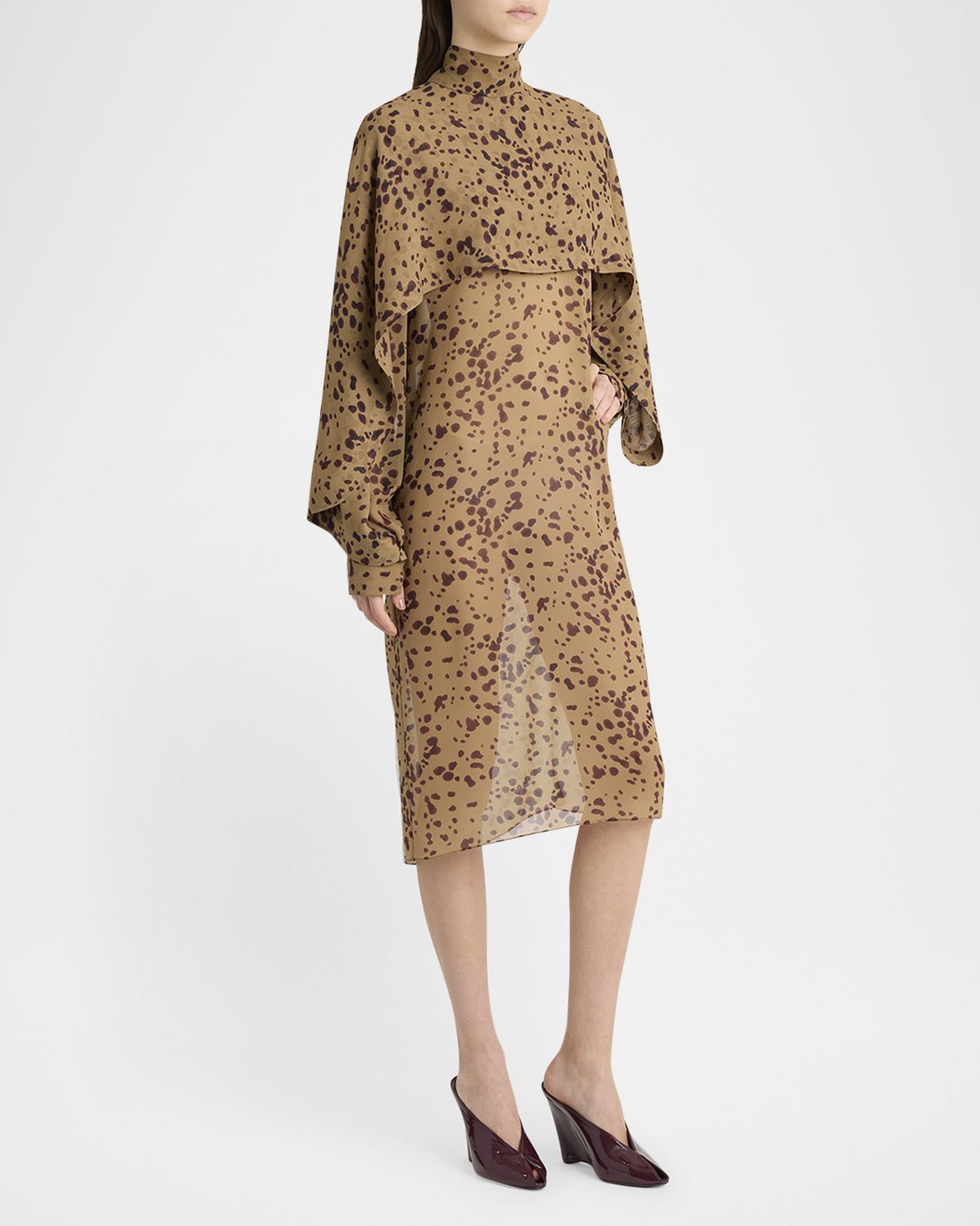 Ferragamo Orchid Print Silk Cape Midi Dress