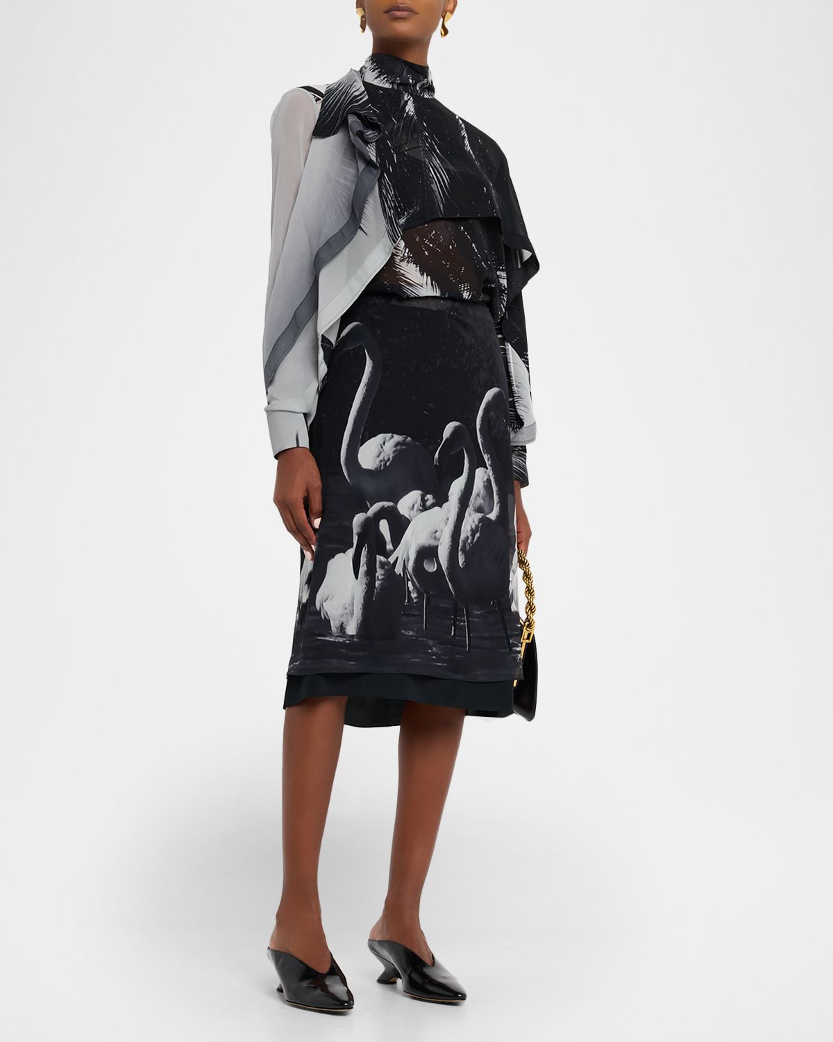 Ferragamo Palm-Print Silk Chiffon Cape Blouse