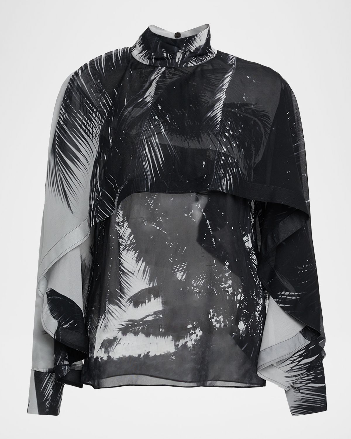 Ferragamo Palm-Print Silk Chiffon Cape Blouse