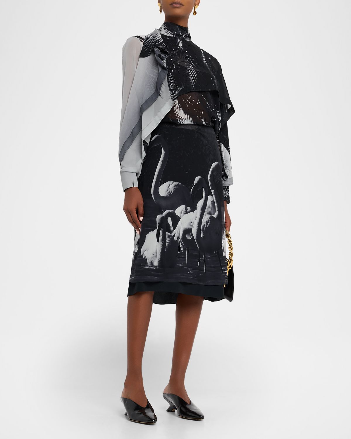Ferragamo Flamingo-Print Silk Midi Skirt