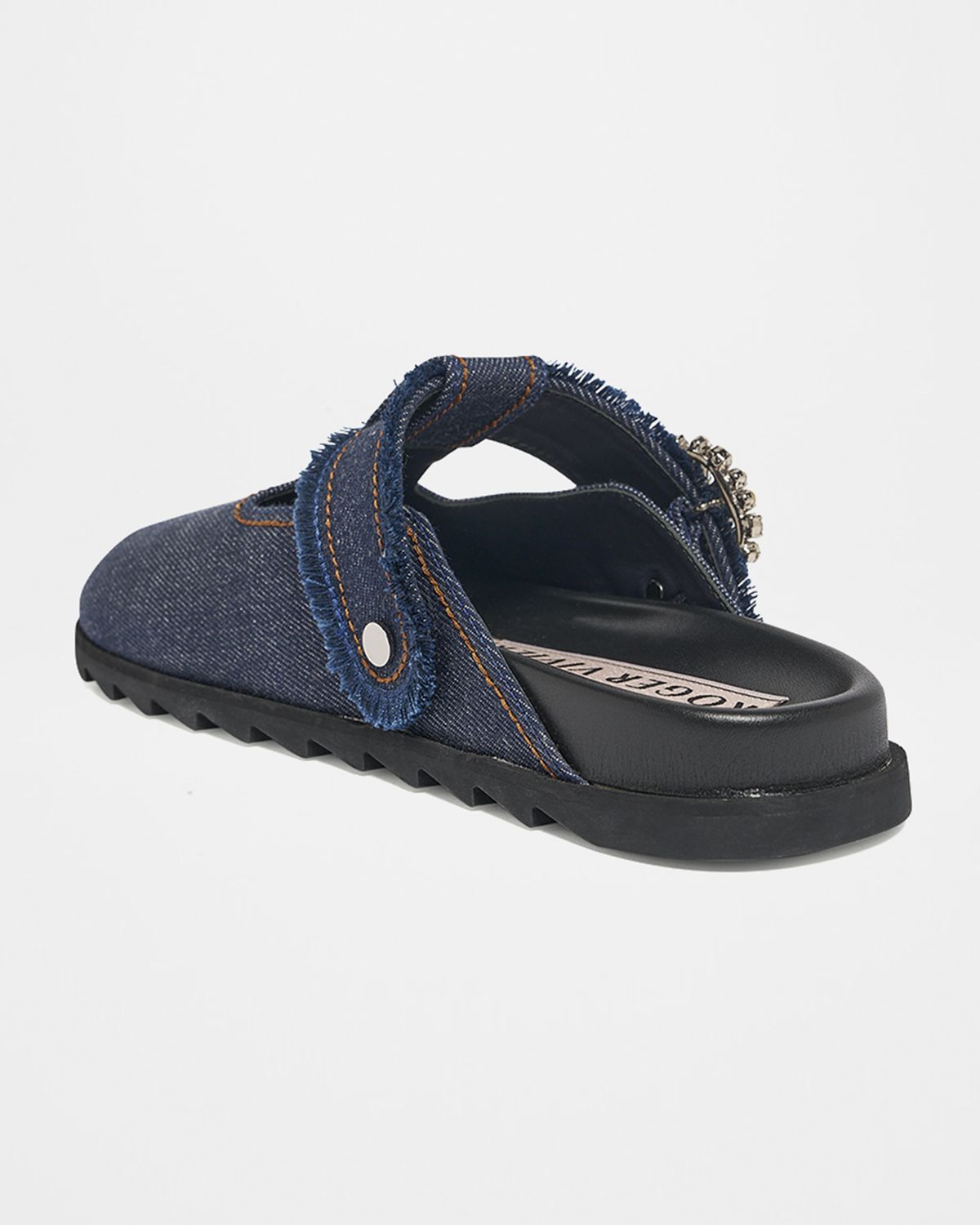Roger Vivier Denim Crystal Buckle T-Strap Mule Clogs