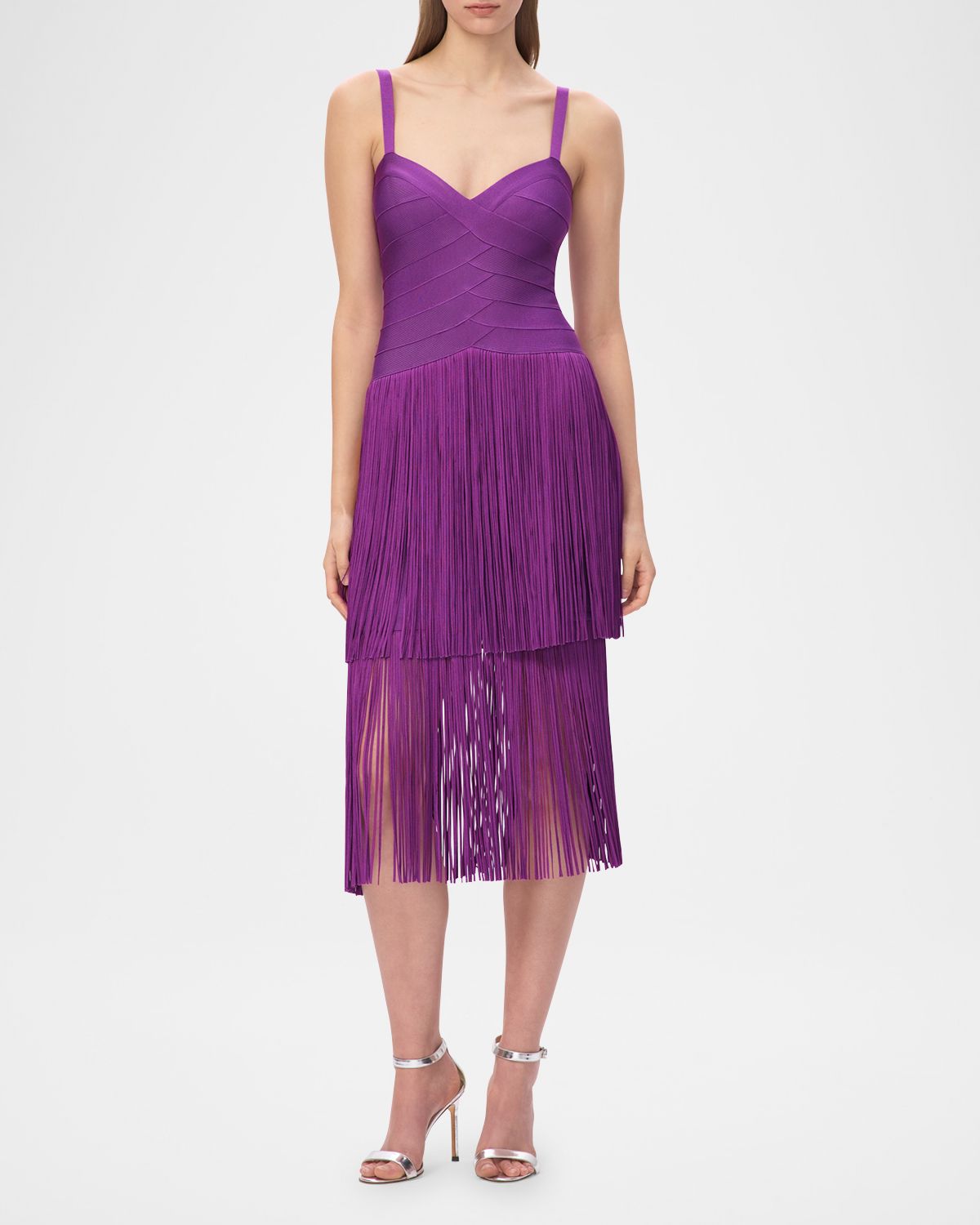 Herve Leger The Georgia Tiered Fringe Midi Dress