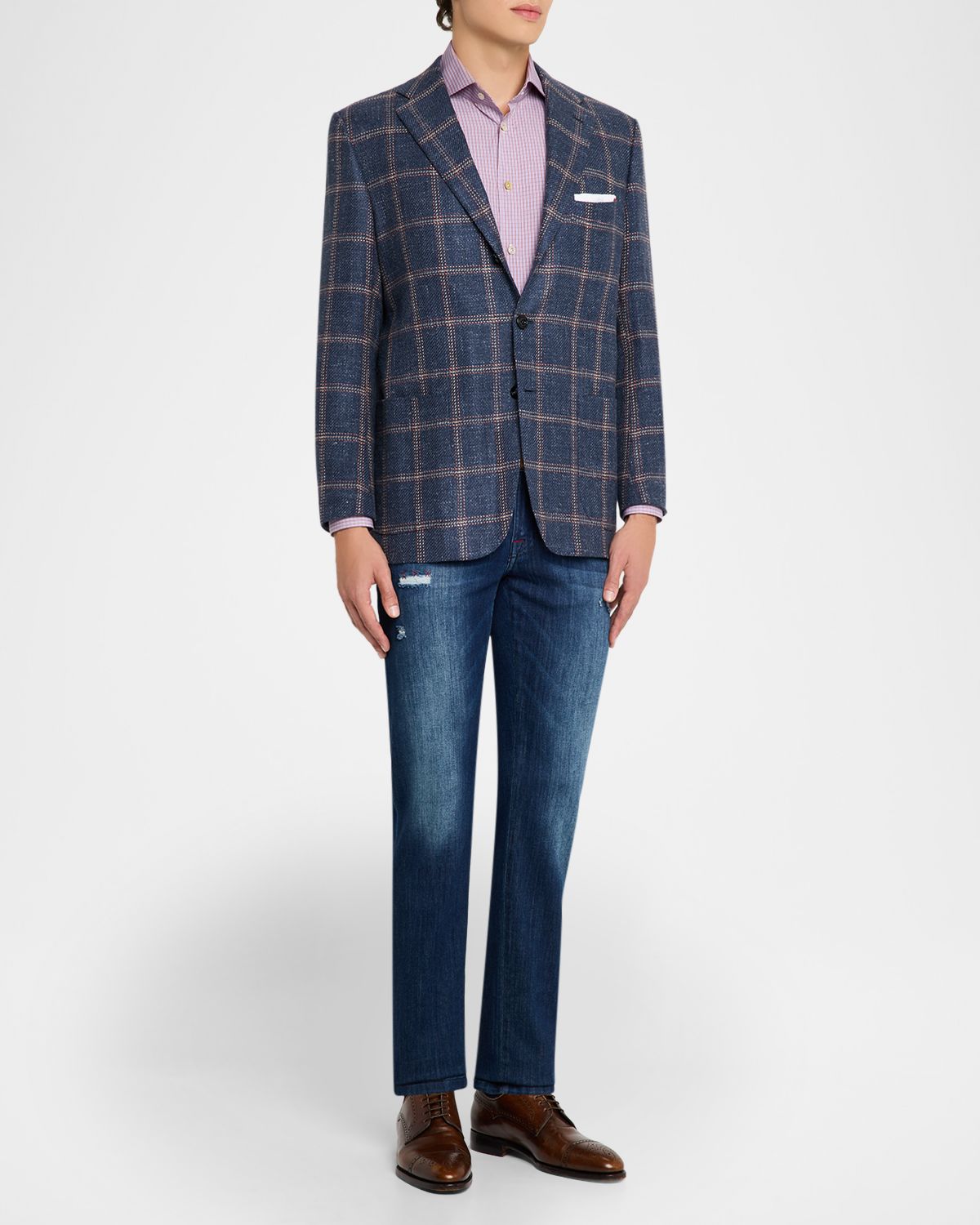 Kiton Men 's Cashmere, Wool and Silk Washed Windowpane Sport Coat