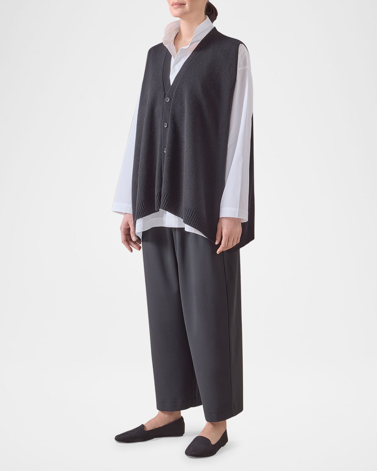 Eskandar Plain Cashmere A-Line Sleeveless V-Neck Cardigan (Mid Plus Length)