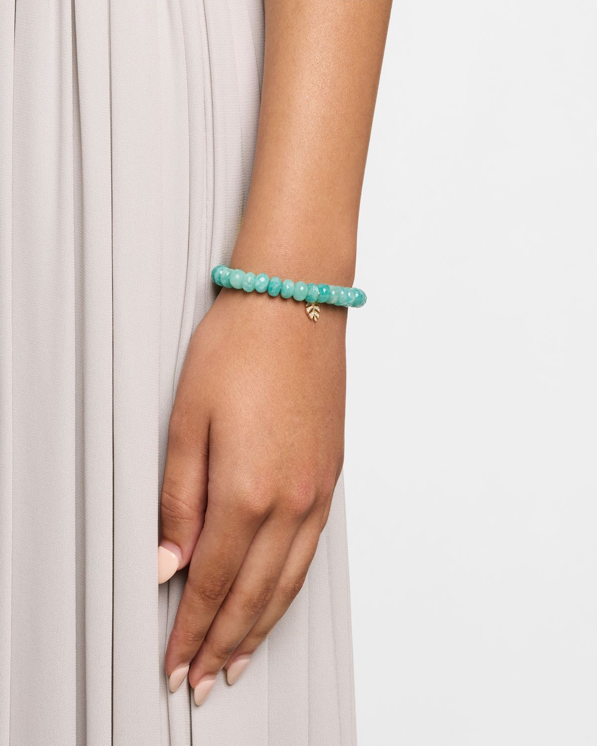 Sydney Evan 14K Gold Diamond Pave Leaf Charm Amazonite Beaded Bracelet