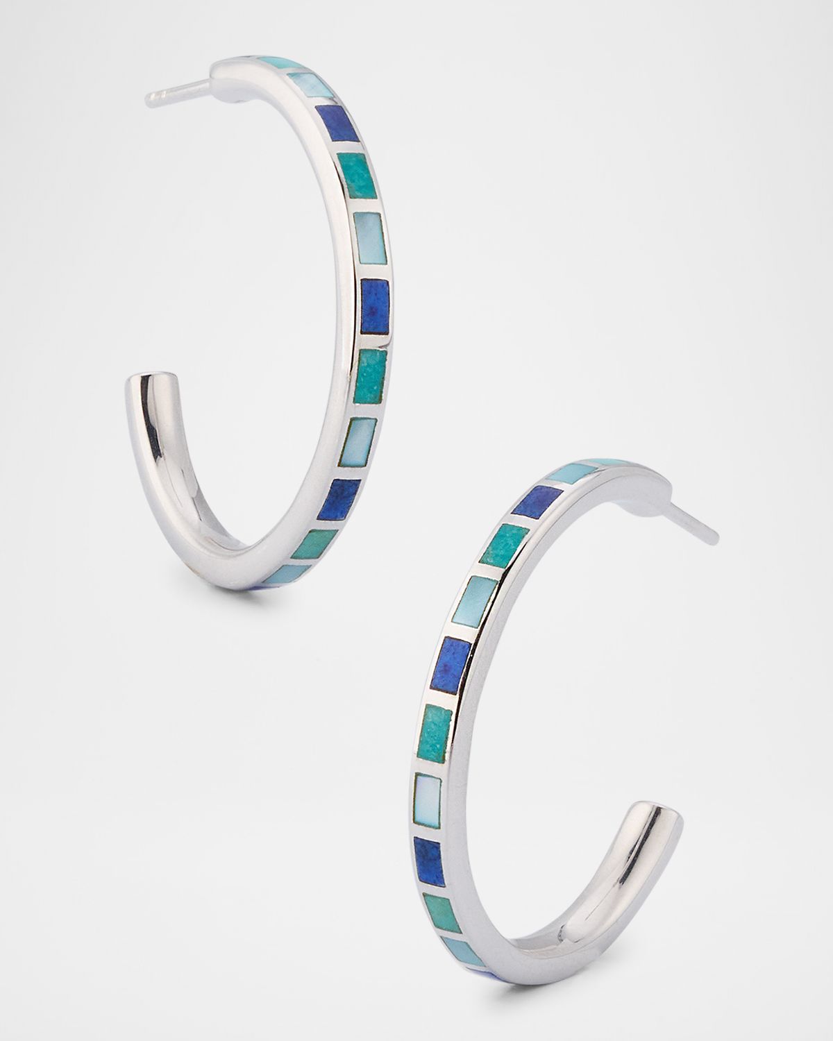 Jan Leslie Lapis, Blue MOP and Turquoise Dash Hoop Earrings in Sterling Silver