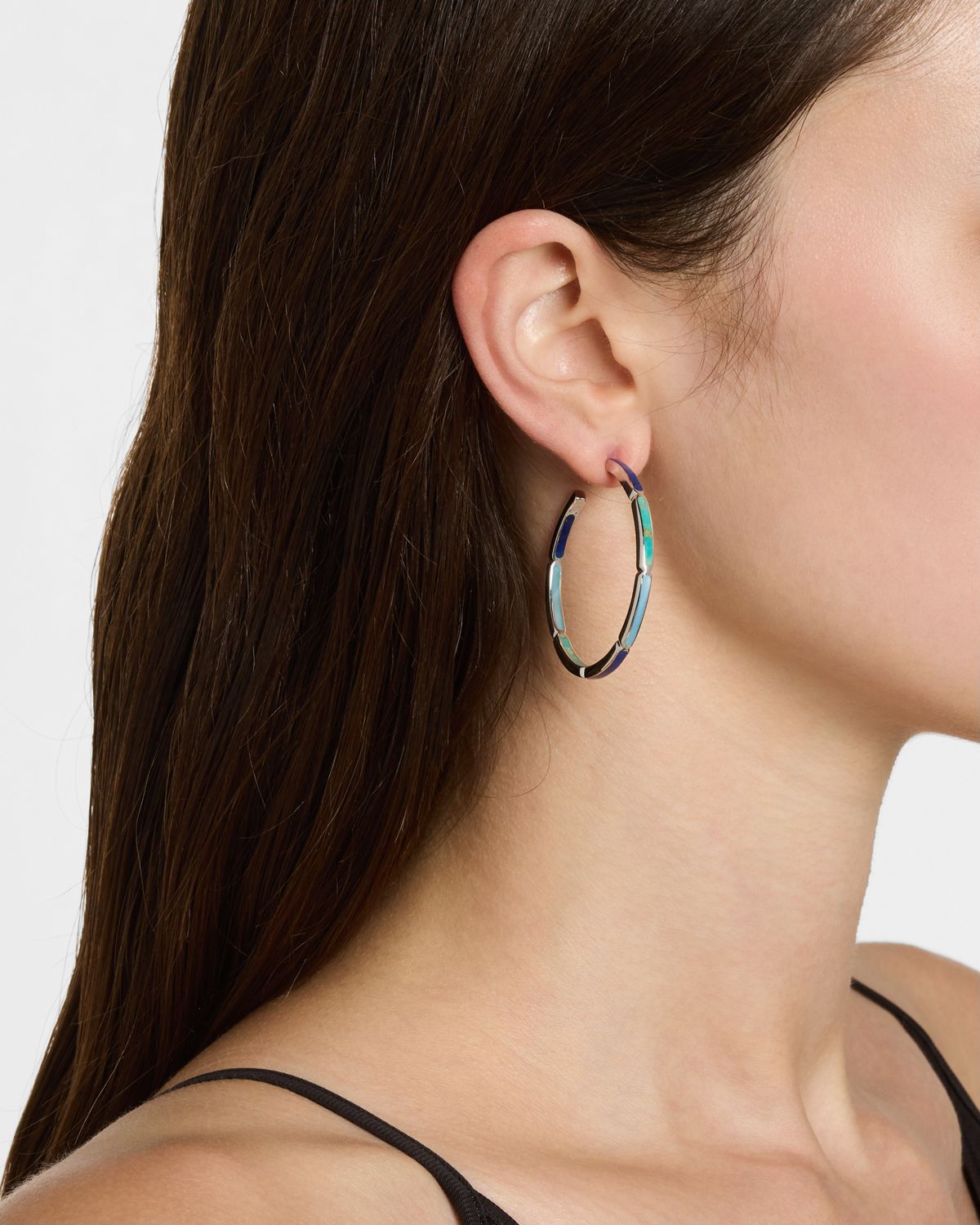 Jan Leslie Lapis, Blue MOP and Turquoise Hoop Earrings in Sterling Silver