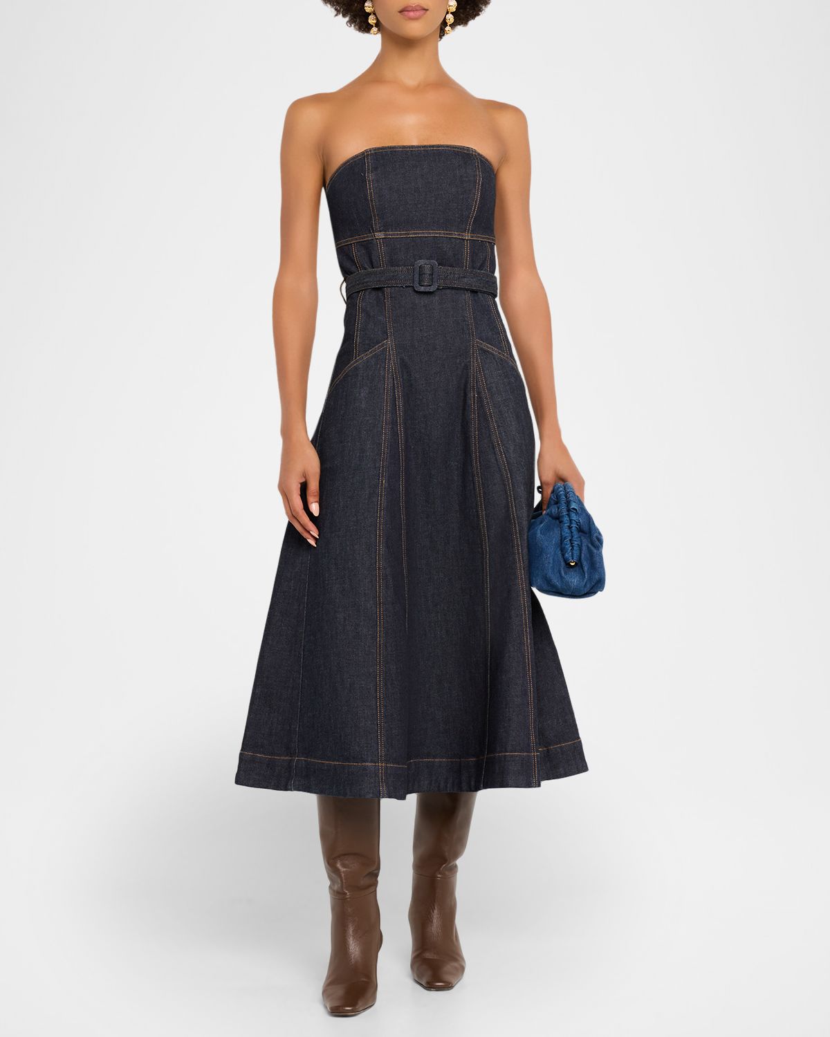 Self-Portrait Bandeau Denim A-Line Midi Dress