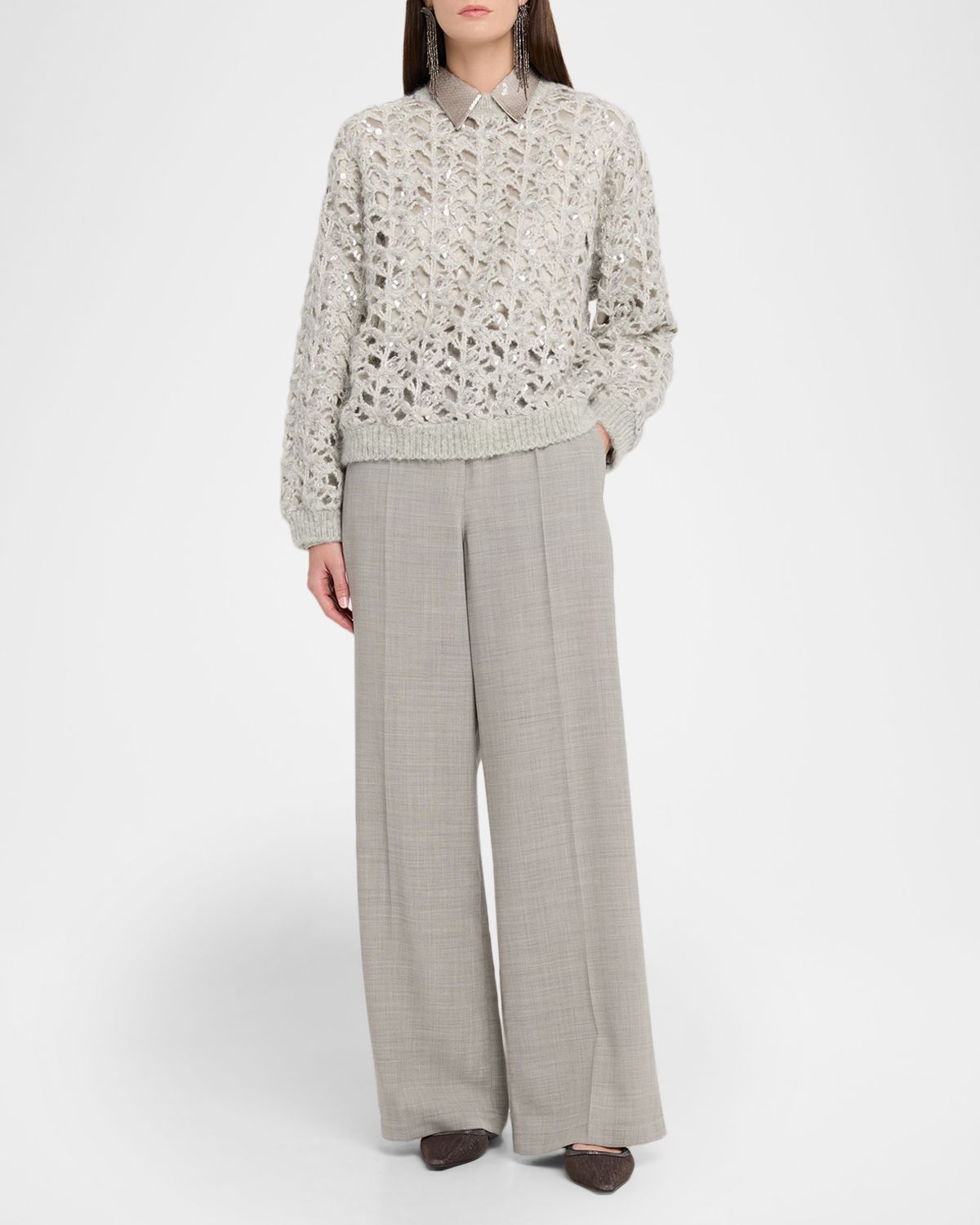 Brunello Cucinelli Sequined Mohair-Wool Open-Knit Crewneck Sweater