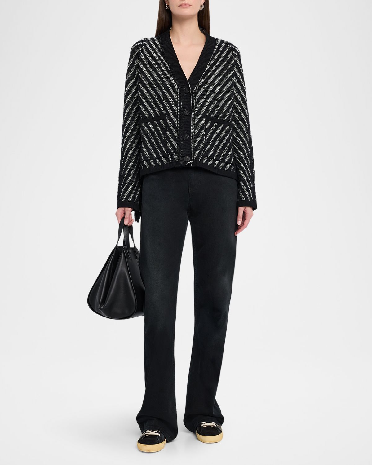 Golden Goose Journey Olidia Herringbone Jacquard Fringe-Trim Cardigan