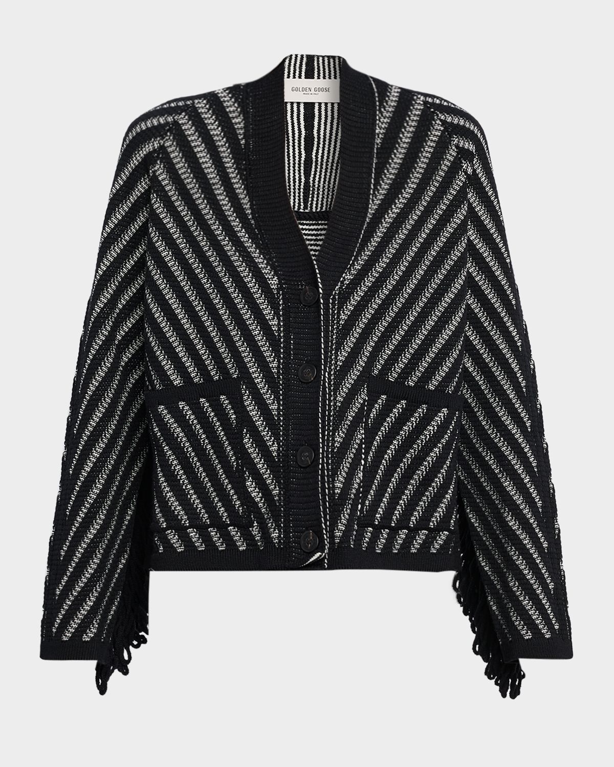 Golden Goose Journey Olidia Herringbone Jacquard Fringe-Trim Cardigan