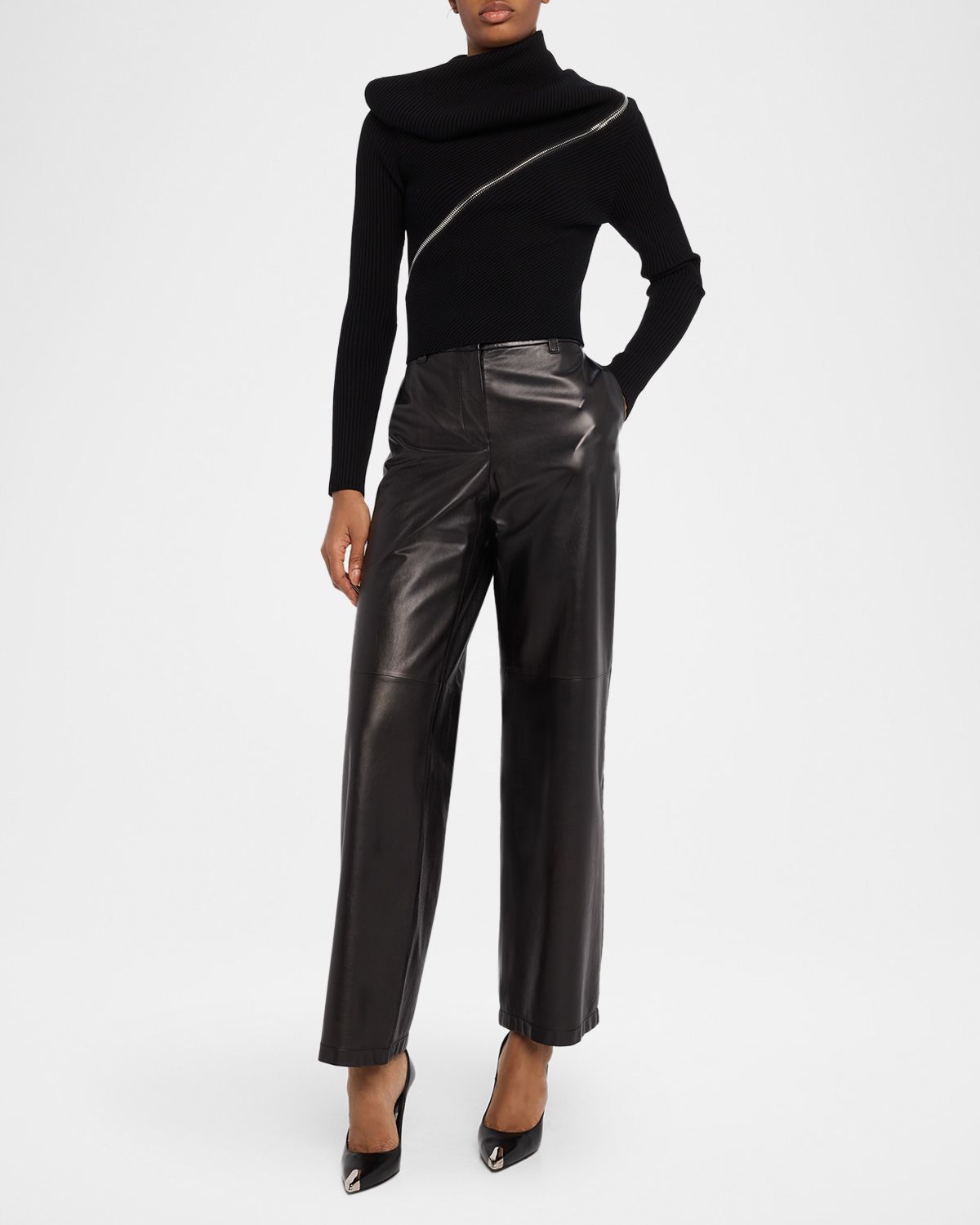 Jean Paul Gaultier Spiral Zipped Cowl-Neck Rib Crop Sweater