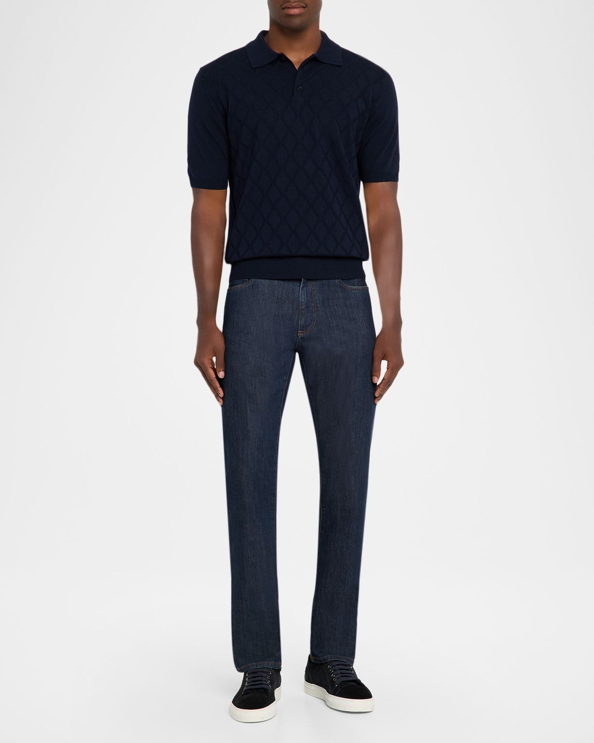 Canali Men 's Diamond Knit Wool Short-Sleeve Polo Sweater