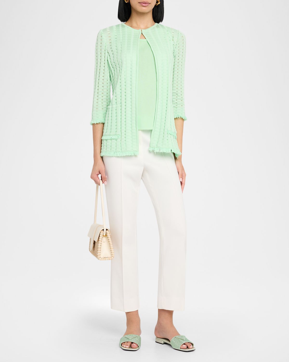 Misook Heritage Fringe-Trim Tonal Burnout Knit Jacket