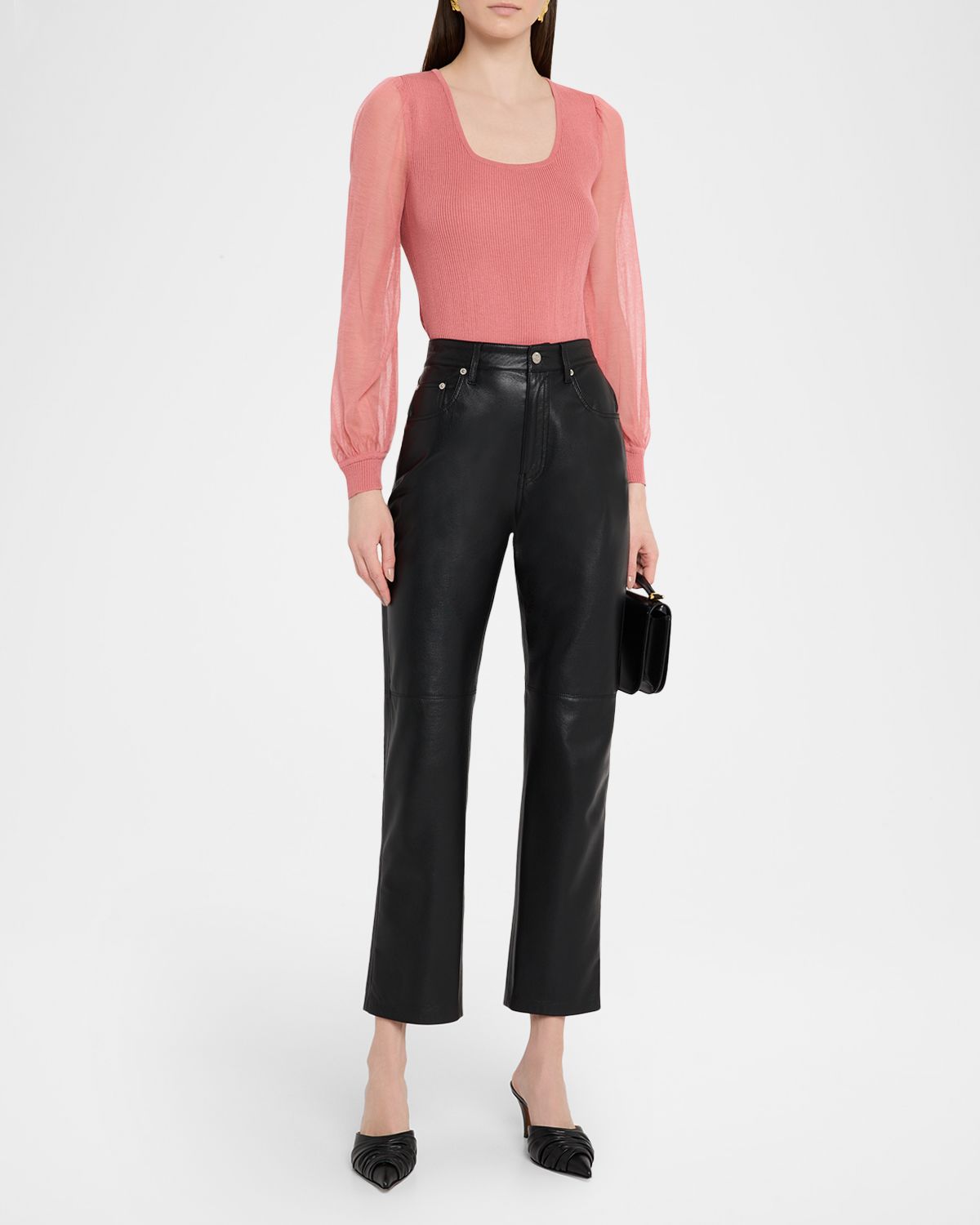 Misook Sheer-Sleeve Ribbed Knit Top