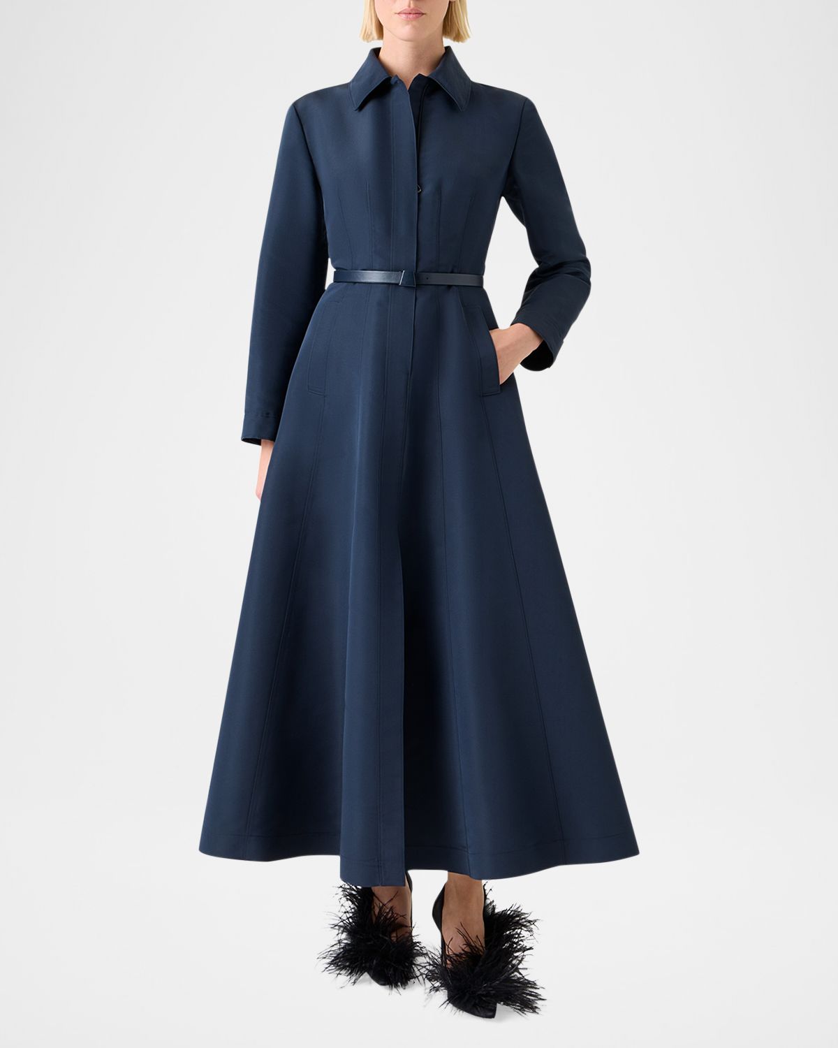 Akris Ottoman Silk Belted A-Line Midi Shirtdress