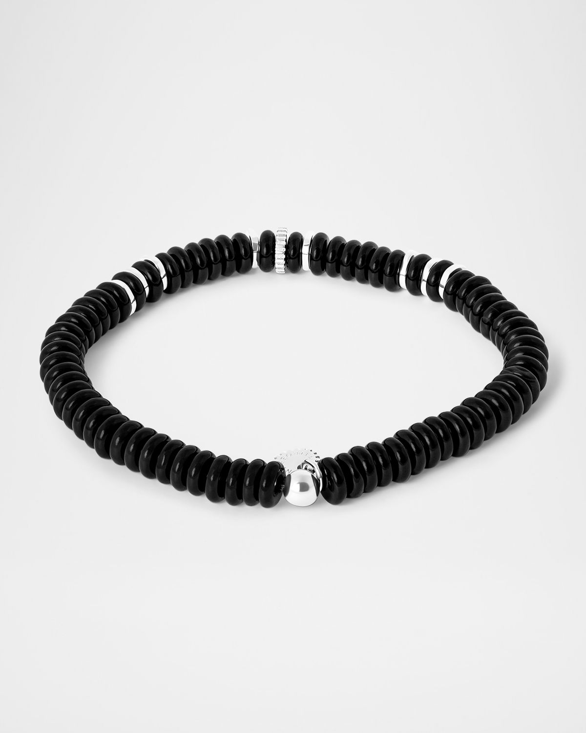 Tateossian Men 's Sterling Silver Disc Gear and Black Agate Beaded Bracelet