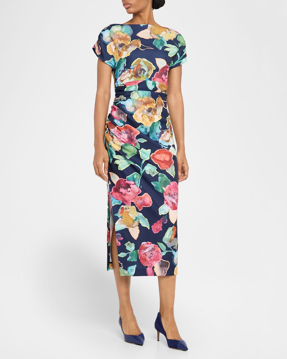 Lela Rose Floral Print Ruched Crepe Midi Dress