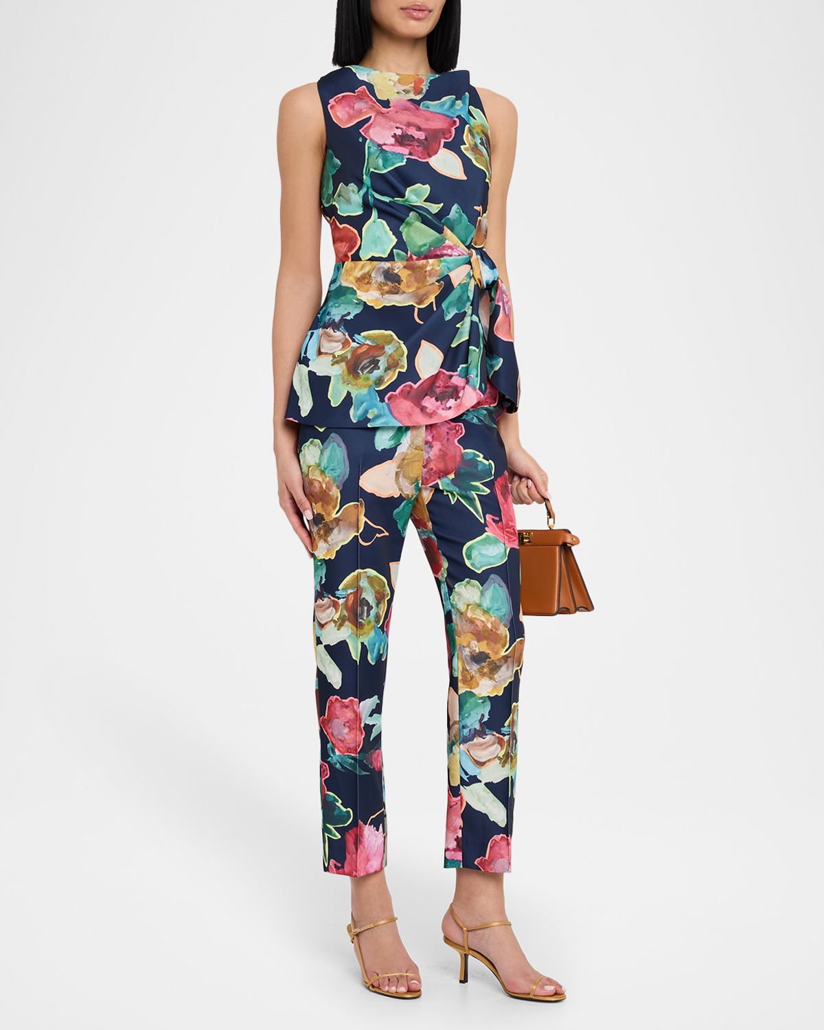 Lela Rose High-Neck Ruched Printed Crepe Top