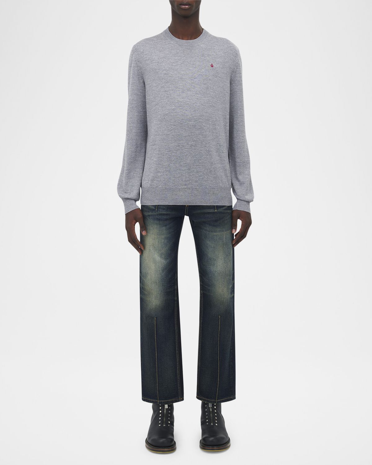 McQueen Men 's Merino Wool Skull-Embroidered Crewneck Sweater