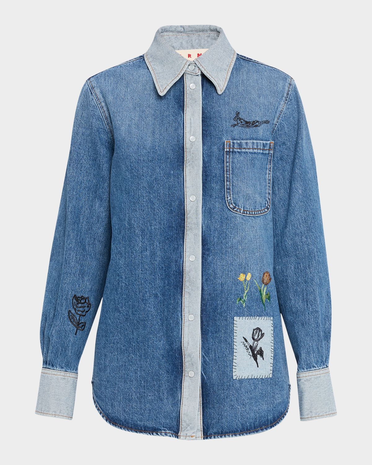 Marni Embroidered Denim Button-Front Shirt - Women's Clothing