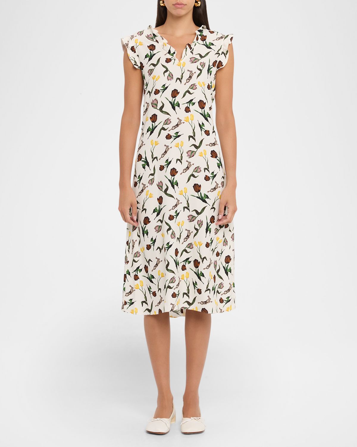 Marni Floral Ruffle V-Neck Midi Dress