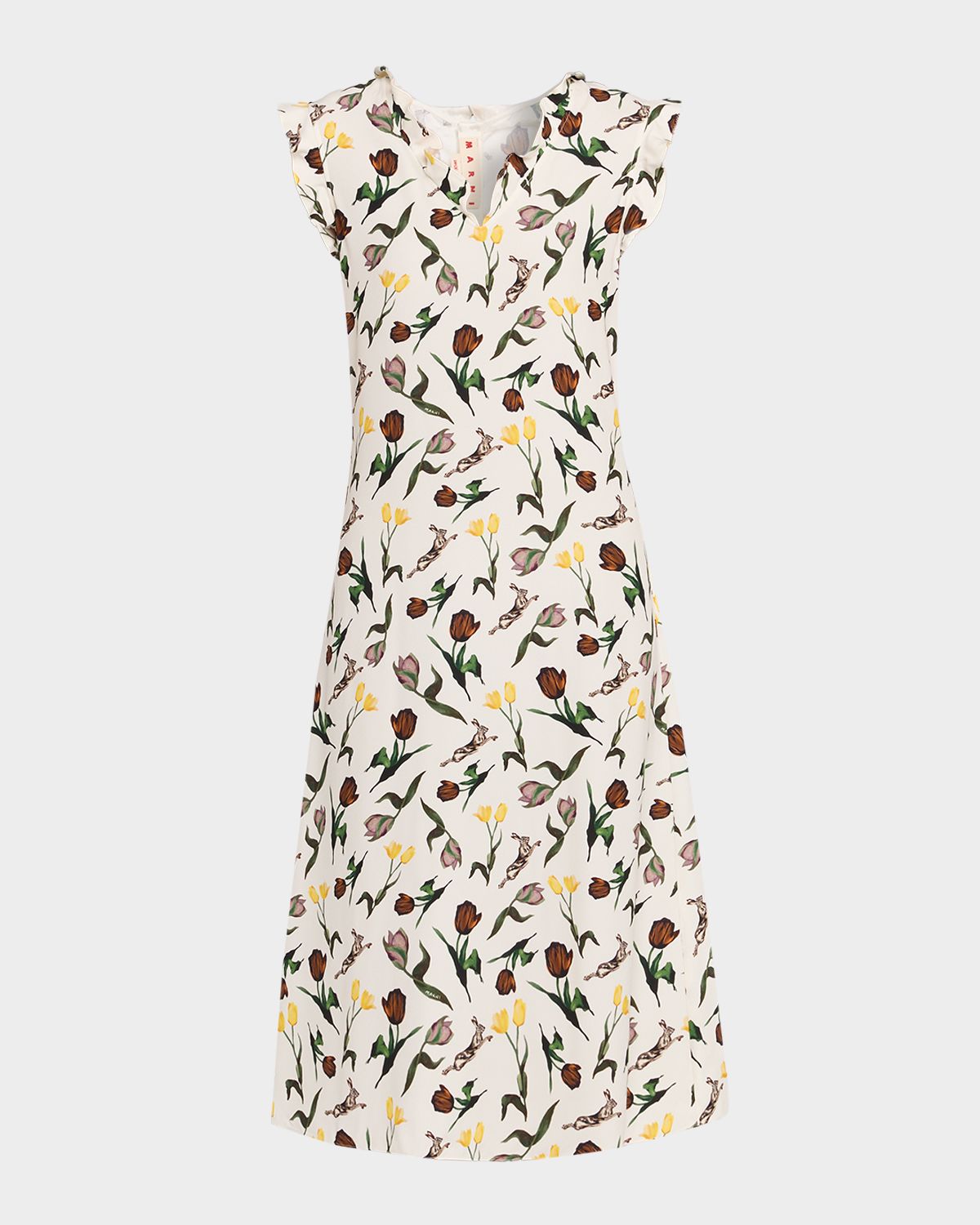 Marni Floral Ruffle V-Neck Midi Dress