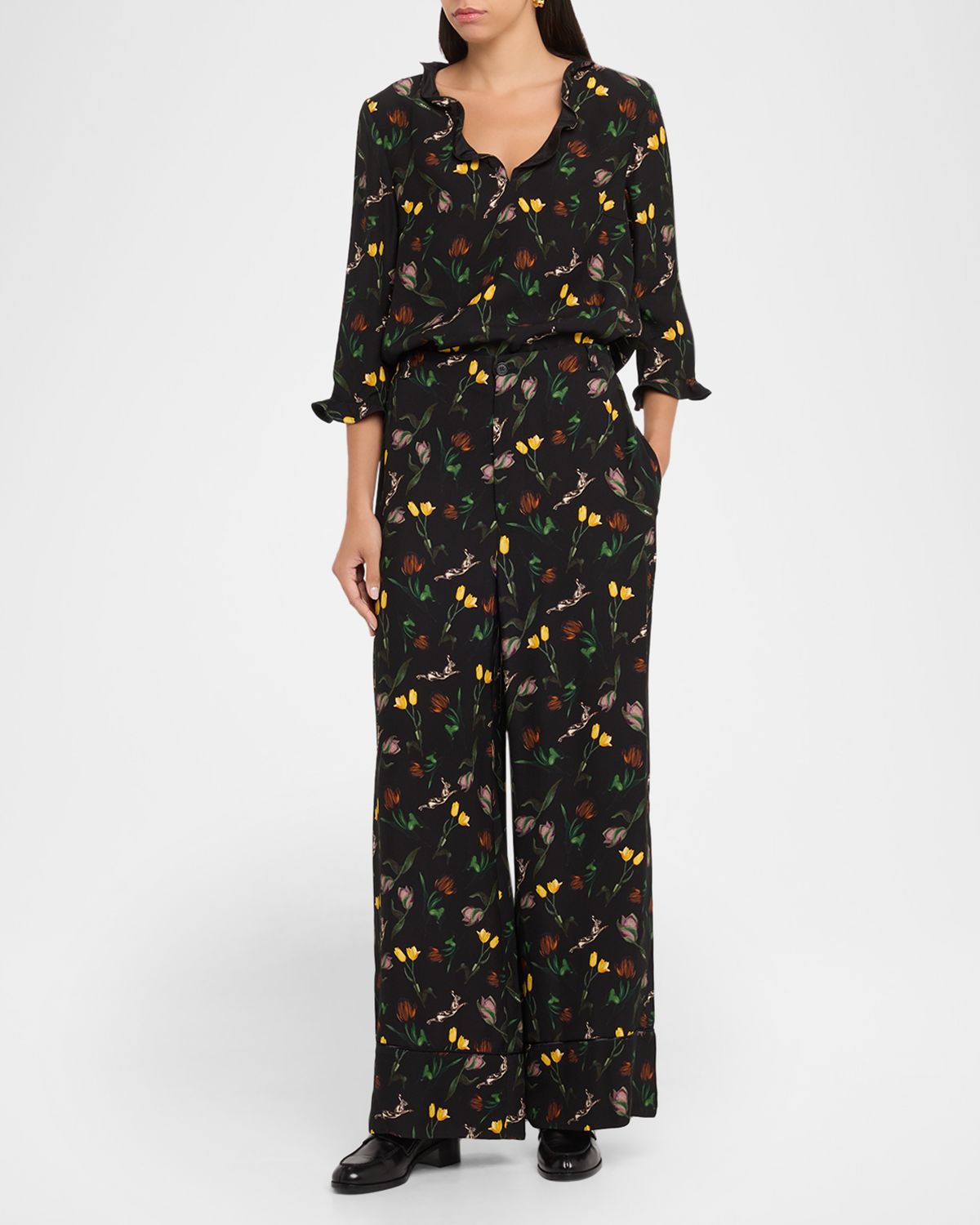 Marni Floral Ruffle V-Neck 3/4-Sleeve Top