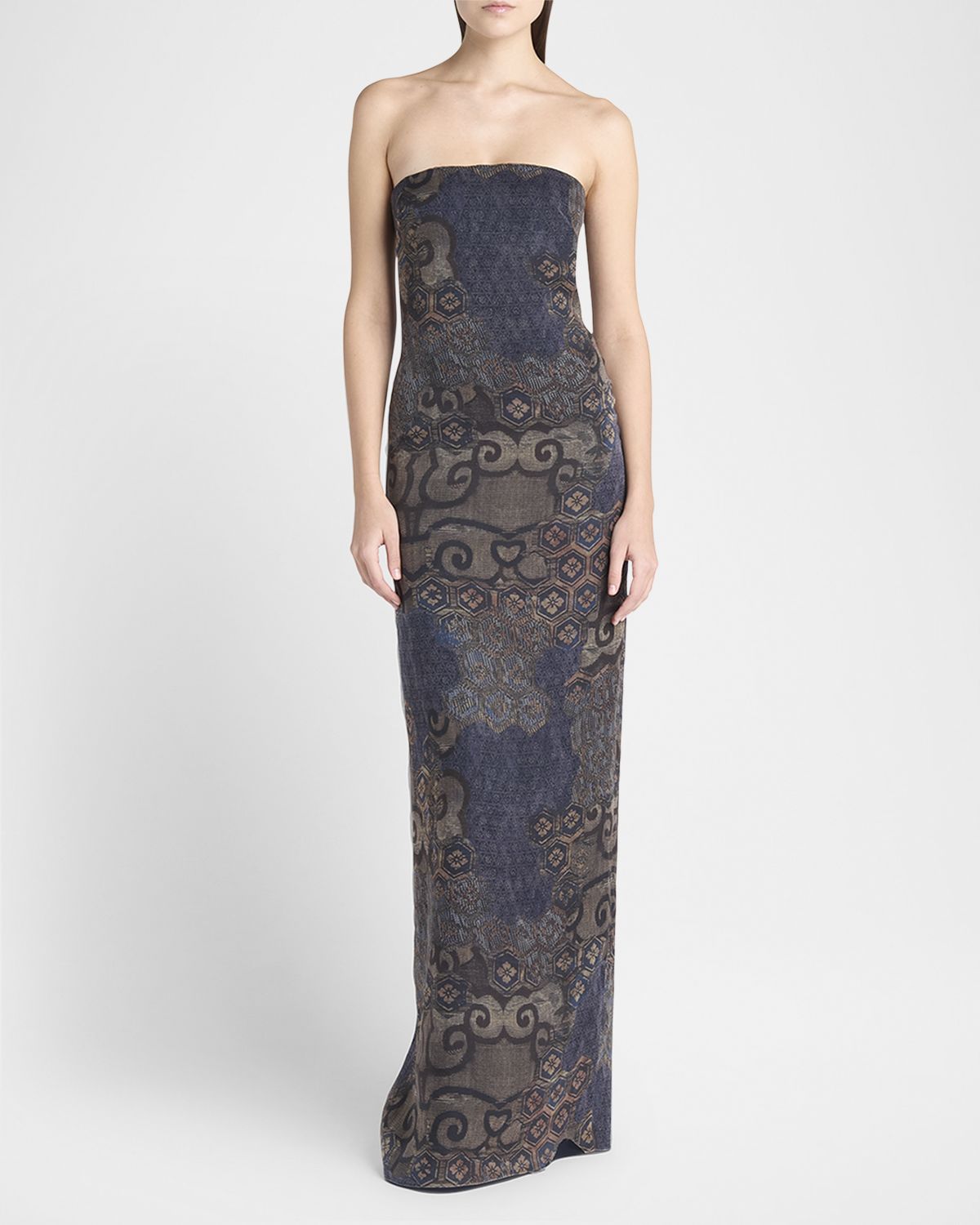 Giorgio Armani Strapless Tile-Print Silk Gown