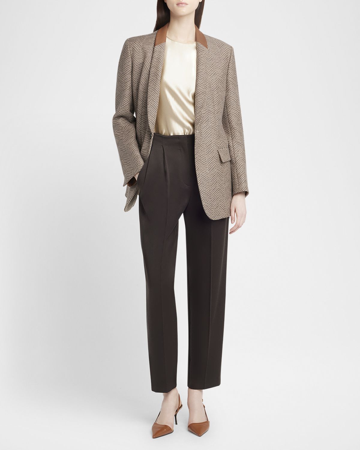 Giorgio Armani Chevron Wool Single-Breasted Blazer with Leather Trim