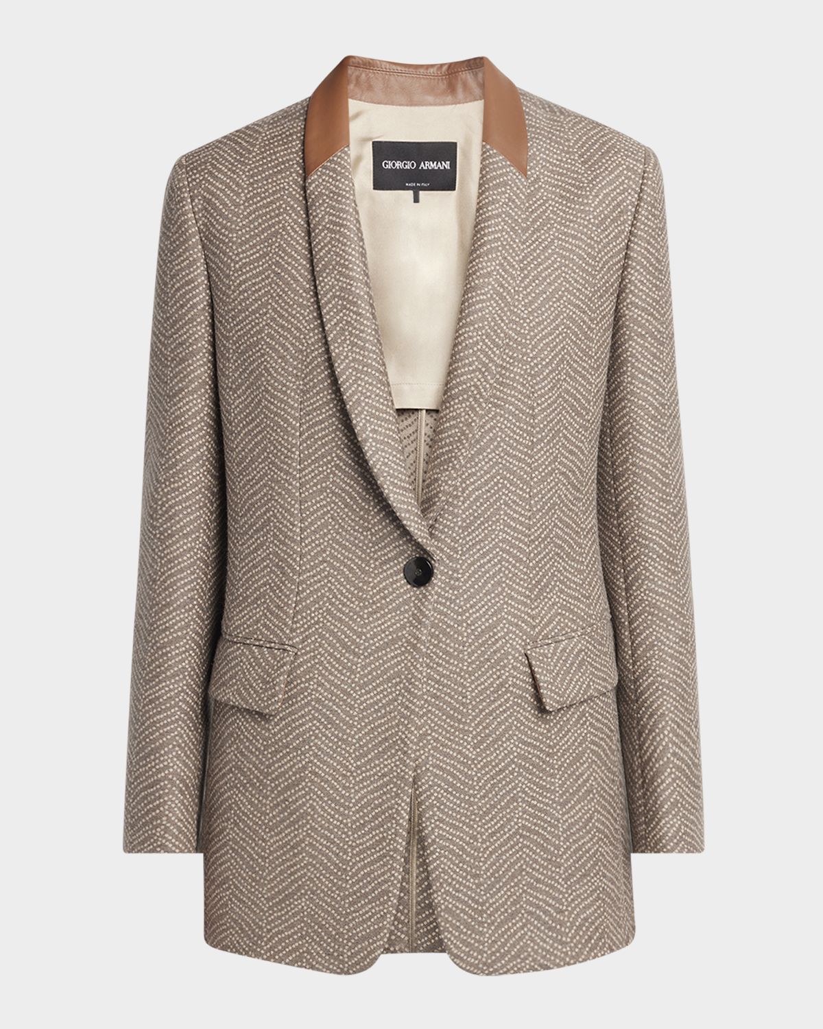 Giorgio Armani Chevron Wool Single-Breasted Blazer with Leather Trim