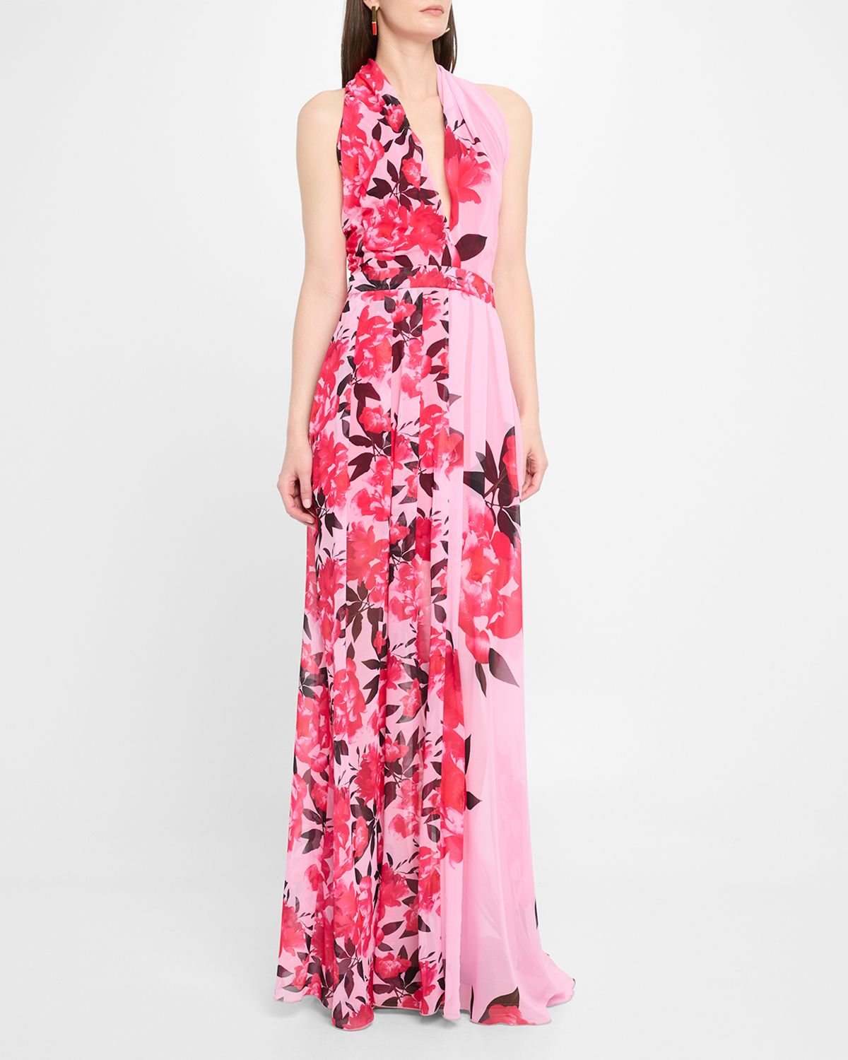 Chiara Boni La Petite Robe Pleated Floral-Print Chiffon Halter Gown
