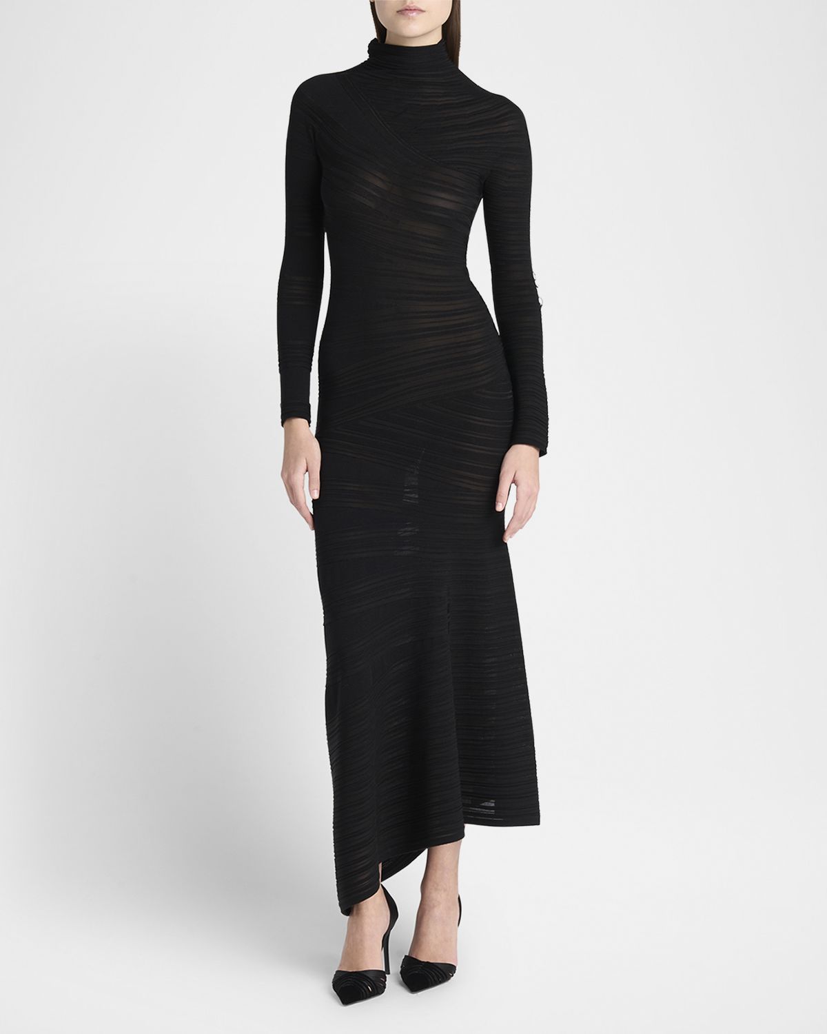 Giorgio Armani Asymmetric Tonal Striped Jersey Mock-Neck Midi Dress